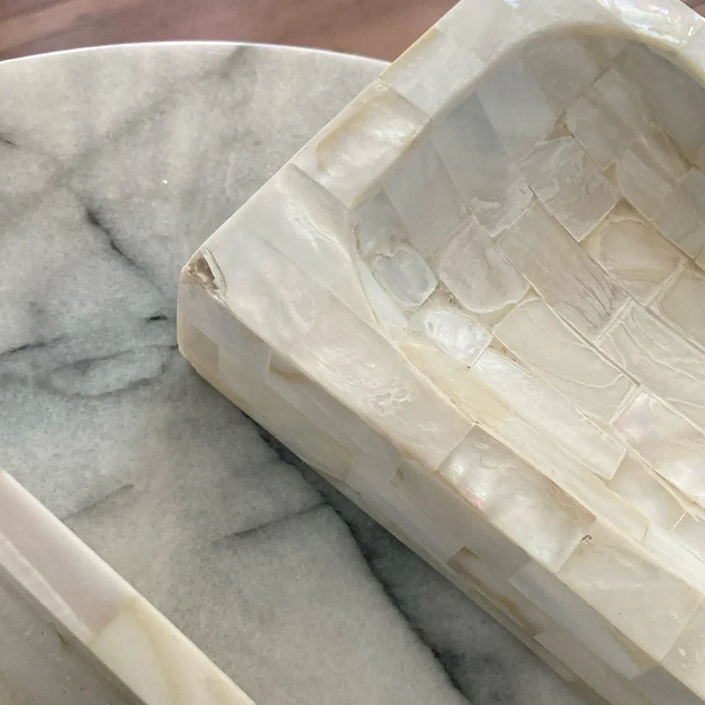 Vintage iridescent shell bathroom set tray and soap tray